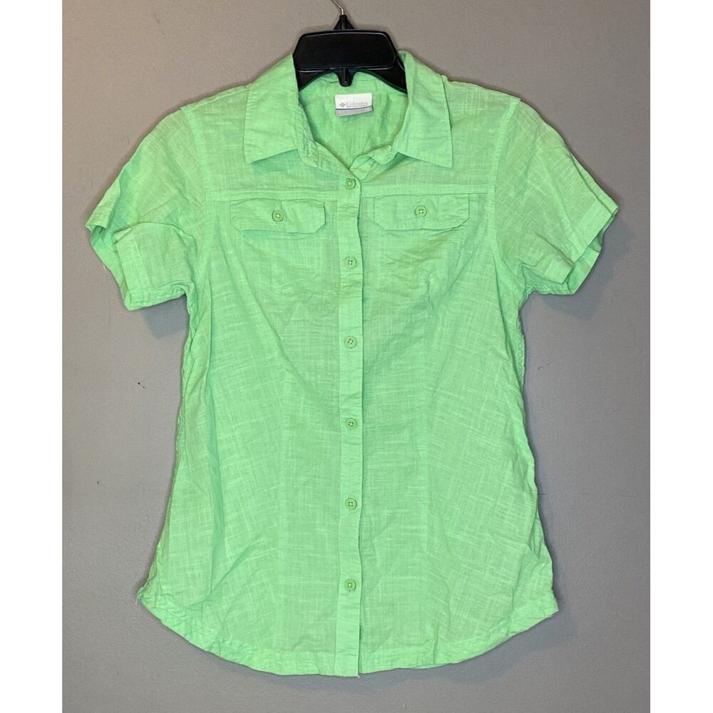 Columbia Boys Button-Up Short Sleeve Shirt Bright Green 100% Cotton Size X-Small